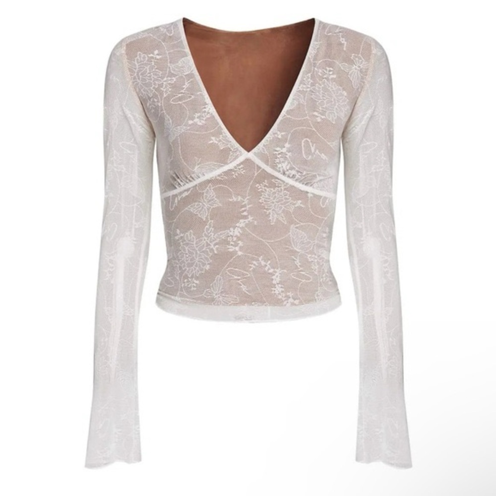 White Sheer Floral Long Sleeve Top